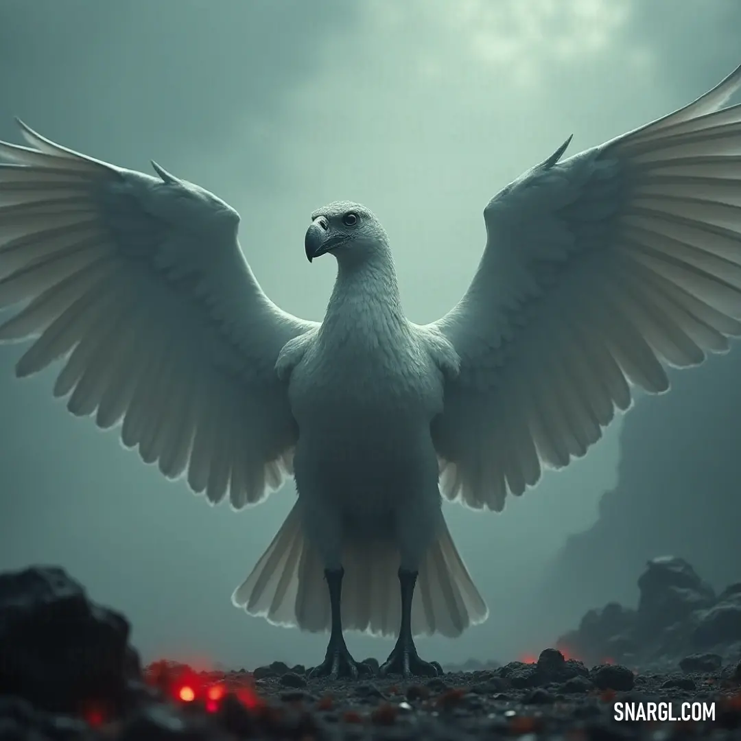 A white Glimmerwing, wings extended to their full span, rests on a rocky surface beneath a dark, dramatic sky. The powerful wings contrast with the rugged terrain, creating a striking image of strength and grace.
