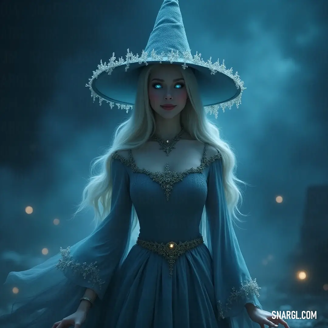 In a magical moment, a figure in a brilliant blue dress and striking hat stands illuminated by a soft, glowing light. Her flowing hair catches the radiance, adding to the scene's enchantment as she stands amidst the trees, embodying grace and warmth in th