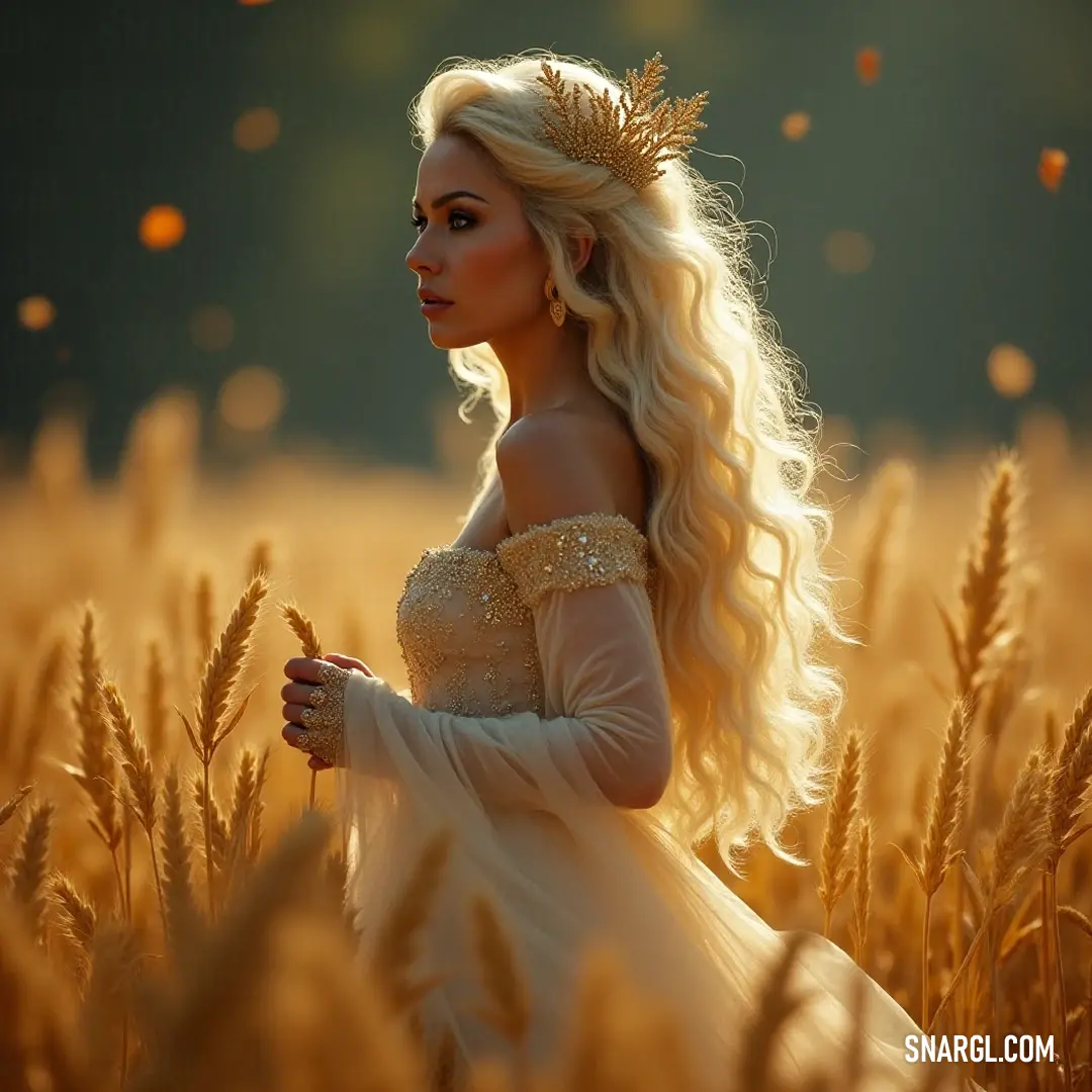 A graceful figure in a flowing dress and crown stands serenely in a golden wheat field, against a dramatic sunset. Embodying beauty and serenity, a figure in a flowing dress stands amidst golden wheat fields. With a crown adorning her head, she radiates grace and confidence, as the sun sets behind her, painting the sky with hues of gold and orange, creating a breathta