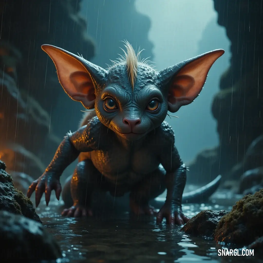 An intriguing glint stands near a shimmering pool in a cave, surrounded by cascading water and rocky formations. An enigmatic glint with an oddly captivating face emerges from a sparkling oasis in a cave, water cascading behind him, surrounded by textured rocks, creating a serene yet mysterious ambiance that invites curiosity.