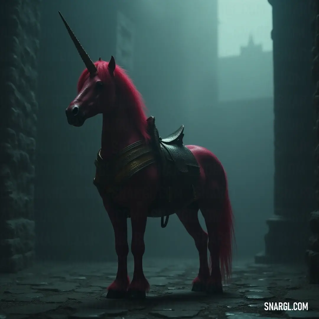 Mysterious Red Glistening Unicorn Amidst Castle Shadows A striking Red Glistening Unicorn statue emerges in a dimly lit room, with a distant castle looming in the background, exuding an air of mystery and enchantment that captures the imagination.