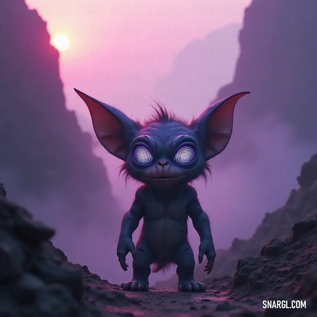 A strikingly small Glitch with glowing eyes poses in a rocky expanse, bathed in sunlight, evoking a sense of wonder and otherworldly charm. A captivating portrait of a small Glitch with luminous eyes, standing proudly against the backdrop of a rocky landscape, embraced by the radiant rays of the sun shining brightly overhead.