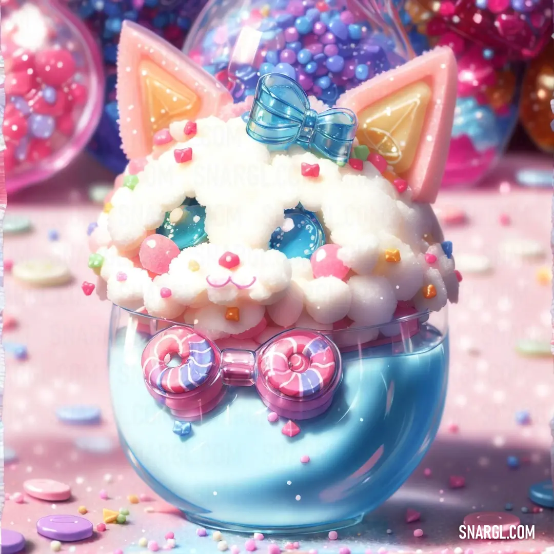 Close up of a small toy cat in a ball with a bow on it's head and a lot of confetti