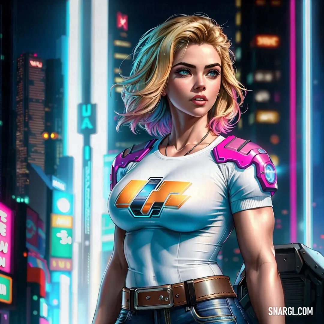 Woman in a white shirt and blue jeans holding a gun in a city at night time with neon lights