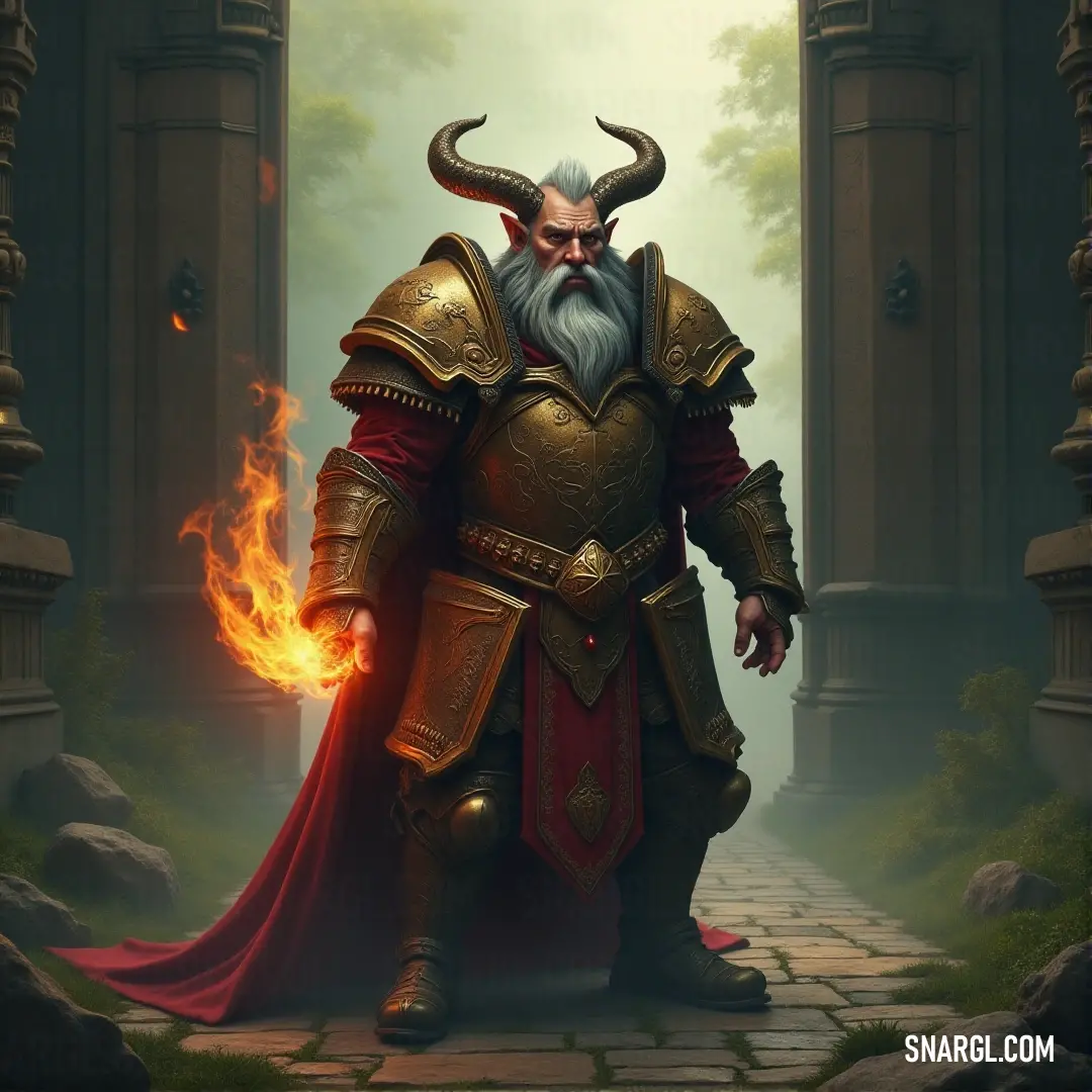 A powerful figure donning a horned costume and a striking beard stands in a doorway, holding a menacing flame that illuminates the dark passage, hinting at adventures beyond. A robust character with a formidable beard, dressed in an intricately designed horned costume, stands at the threshold of a doorway, brandishing a flickering flame that casts an eerie glow on his surroundings.
