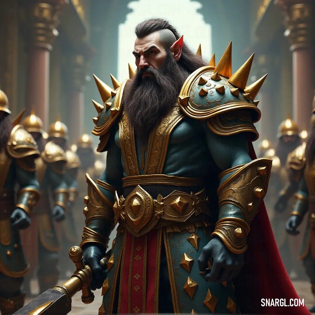 A valiant warrior with a dramatic beard stands confidently in a clash of armor, gripping a sword tightly as he surveys a group of brave compatriots, all prepared for their next formidable challenge in an epic setting.