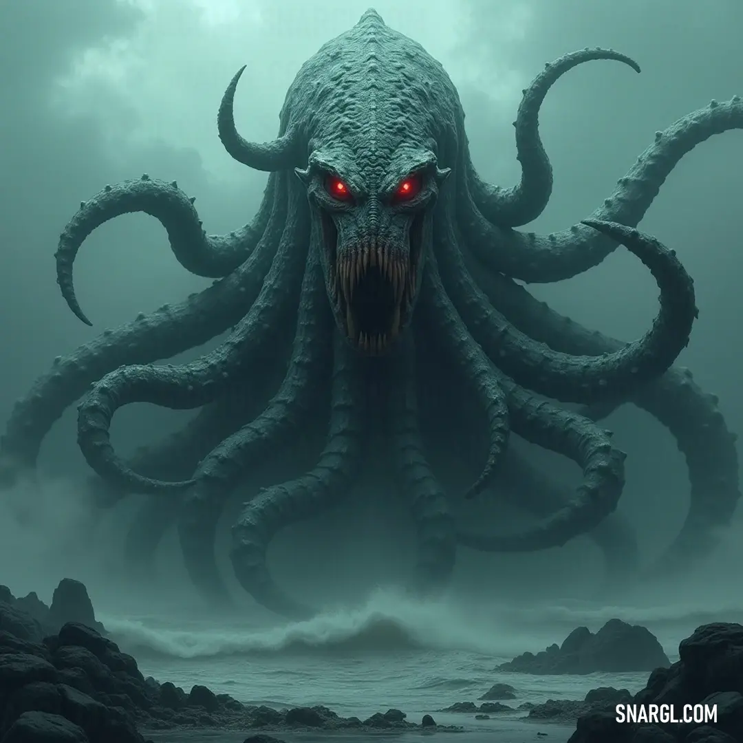 In a haunting underwater scene, a giant Kraken with menacing red eyes and a demon-like visage lurks among rocks and swirling fog, evoking a sense of dread and mystery in the depths of the ocean's shadows.