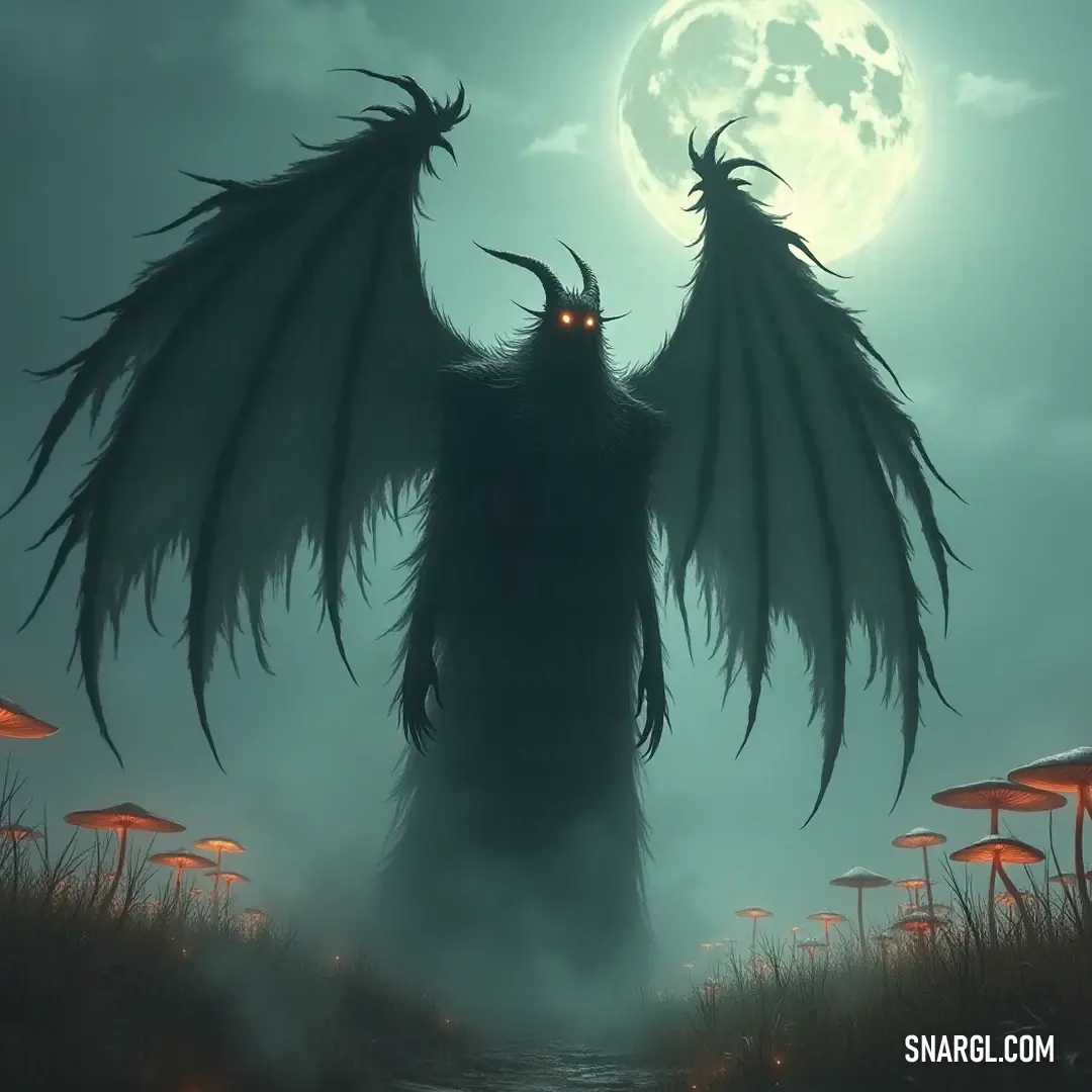 Demonic Gloomshade stands breathtakingly in a field of mushrooms, illuminated by the full moon, her glowing eyes and wings evoking a sense of otherworldly magic and allure. A Demonic Gloomshade hovers amidst a field of vibrant mushrooms, her glowing eyes and majestic wings crafting a spellbinding view complemented by a luminous full moon, creating a fantasy realm full of wonder and thrills.