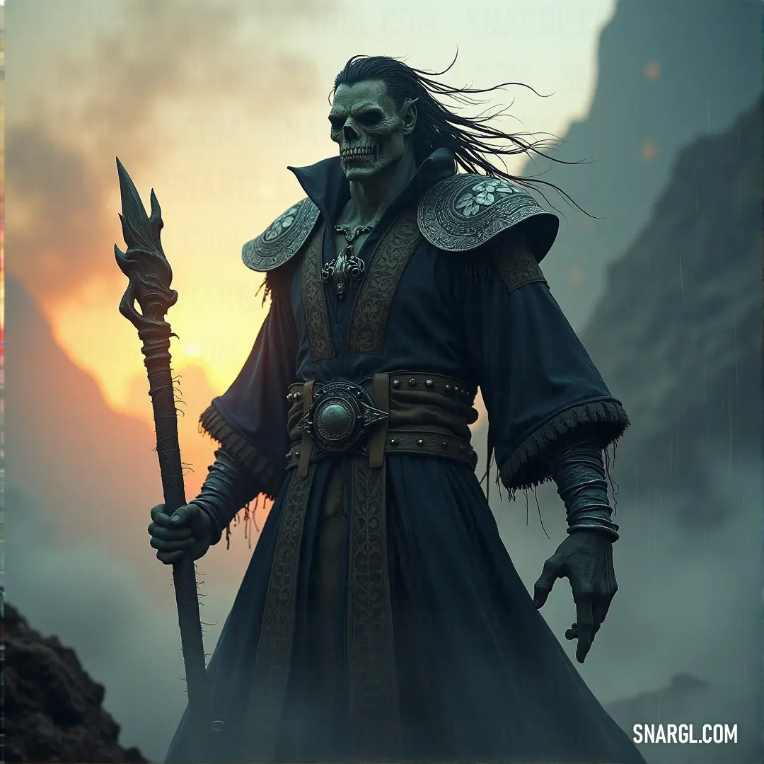 The Gloomwalker, crowned with skulls and sword in hand, strides through a bleak and desolate world filled with sorrow. A gloomy figure, the Gloomwalker, wearing a skull crown and wielding a sword, stands amidst the twilight, casting a somber shadow in the cold, empty landscape.
