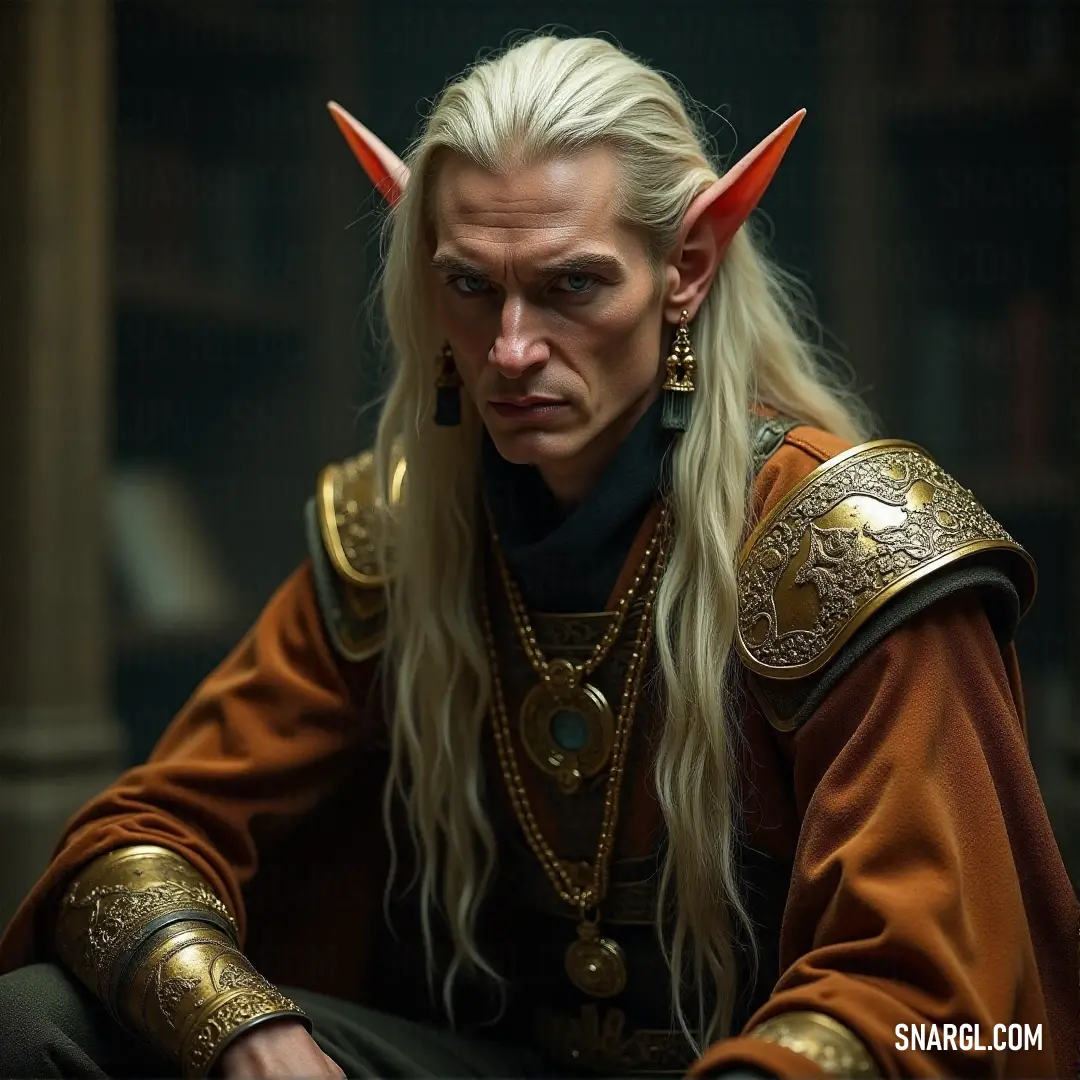 Glorfindel with long hair and horns down wearing a costume and a helmet with horns on its head