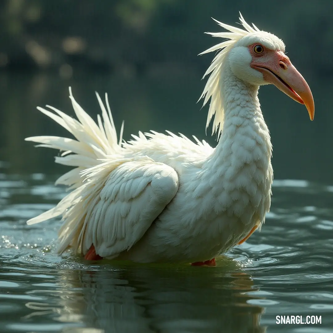 The graceful White Glowfeather, with its long neck and delicate beak, stands majestically in shimmering waters, wings spread in a display of purity and peace. A striking White Glowfeather stands in tranquil waters, its elegant neck and long beak perfectly poised as it spreads its wings, reflecting the serene beauty of its environment.