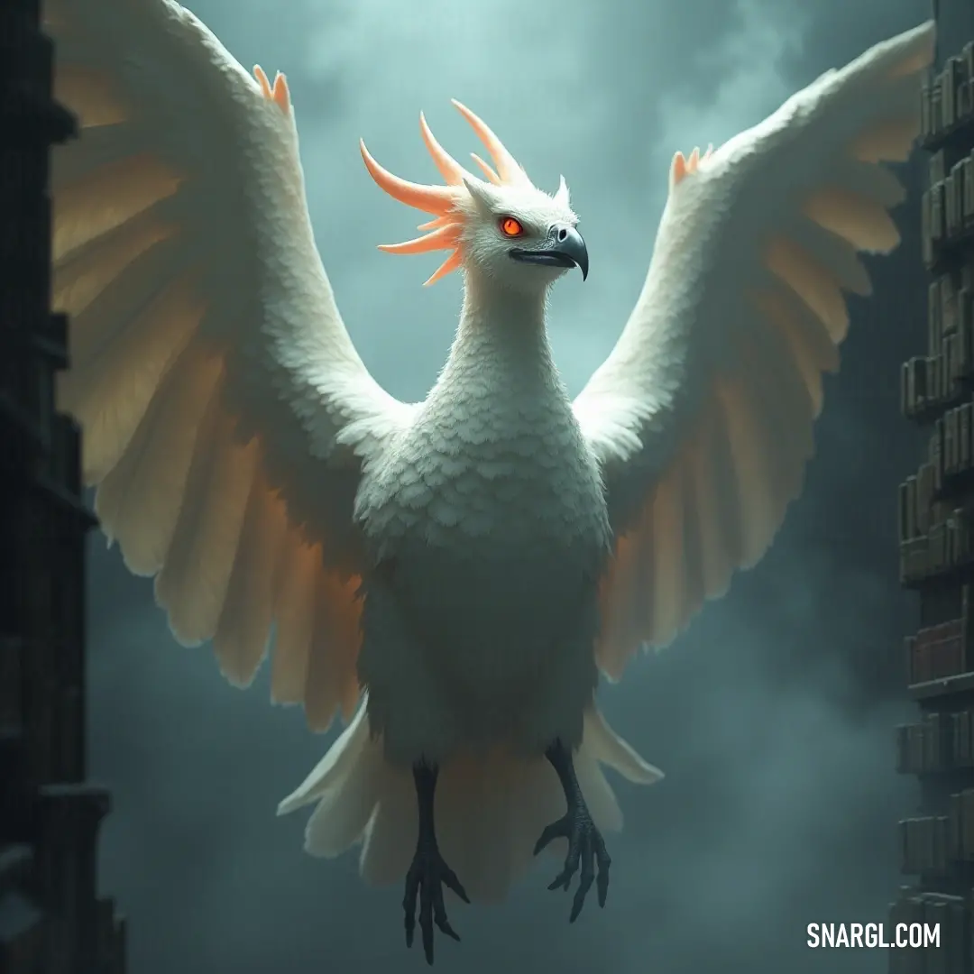 A majestic, glowing creature with white feathers and fiery orange eyes stands tall, its wings fully extended in a dramatic pose. The backdrop features a dark, ominous sky filled with swirling clouds, and a distant building adds a touch of mystery to the s