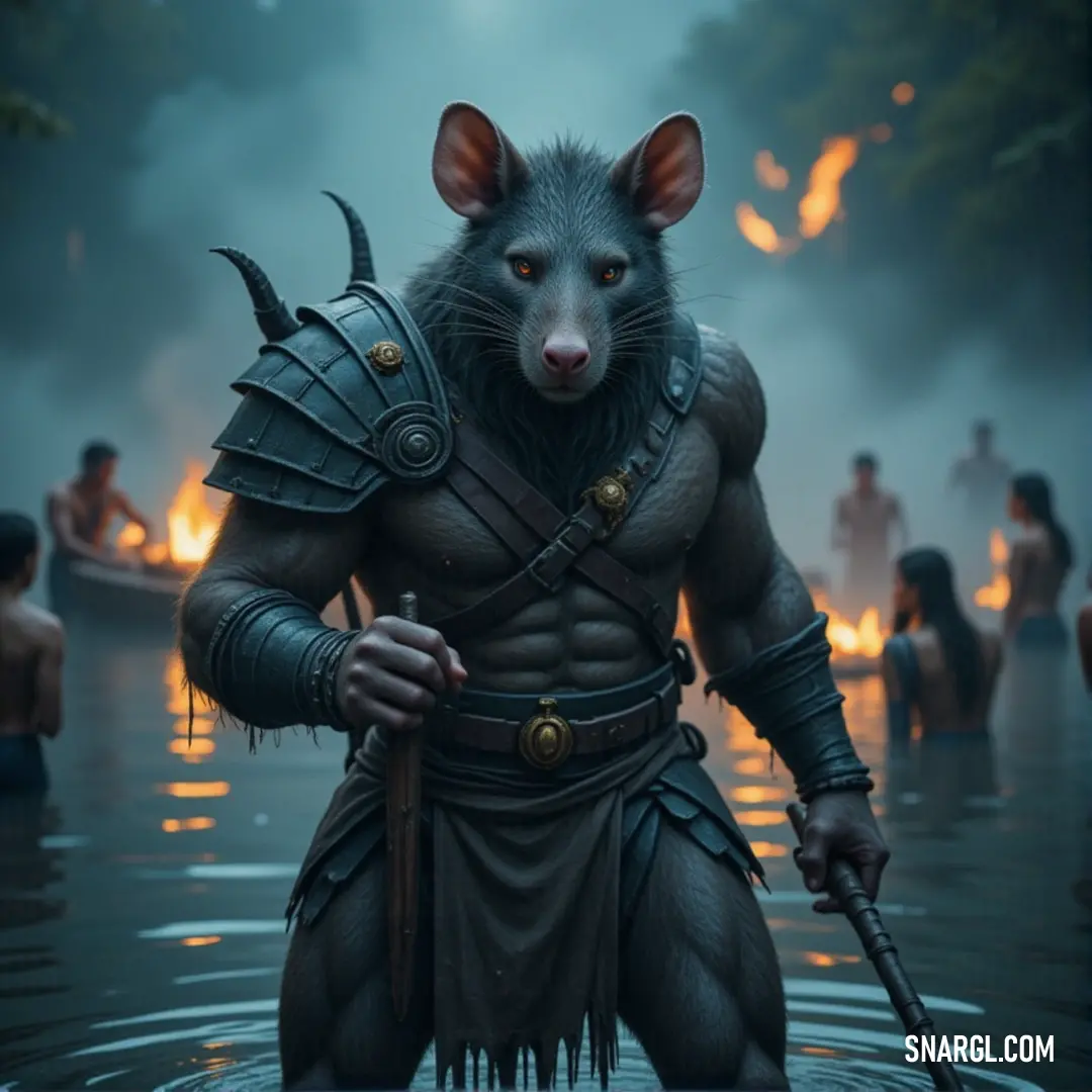Gnar, in his unique costume, enjoys the serene waters surrounded by people and a peaceful boat in the distance. Gnar, dressed in a whimsical costume, stands proudly in shallow water with onlookers nearby. A boat floats gently in the background as the surrounding environment reflects the calm yet magical atmosphere of the scene.