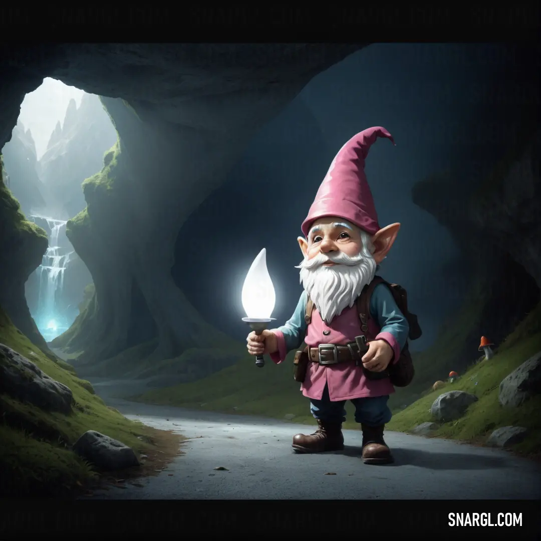 Cartoon gnome holding a light in a cave with a waterfall in the background