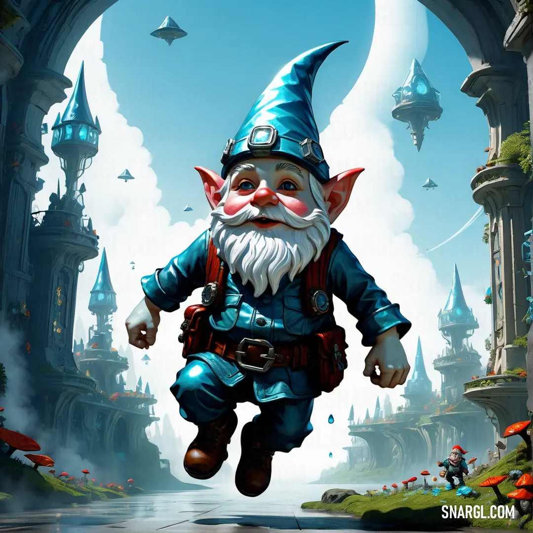 Cartoon gnome is running through a tunnel with a sky background