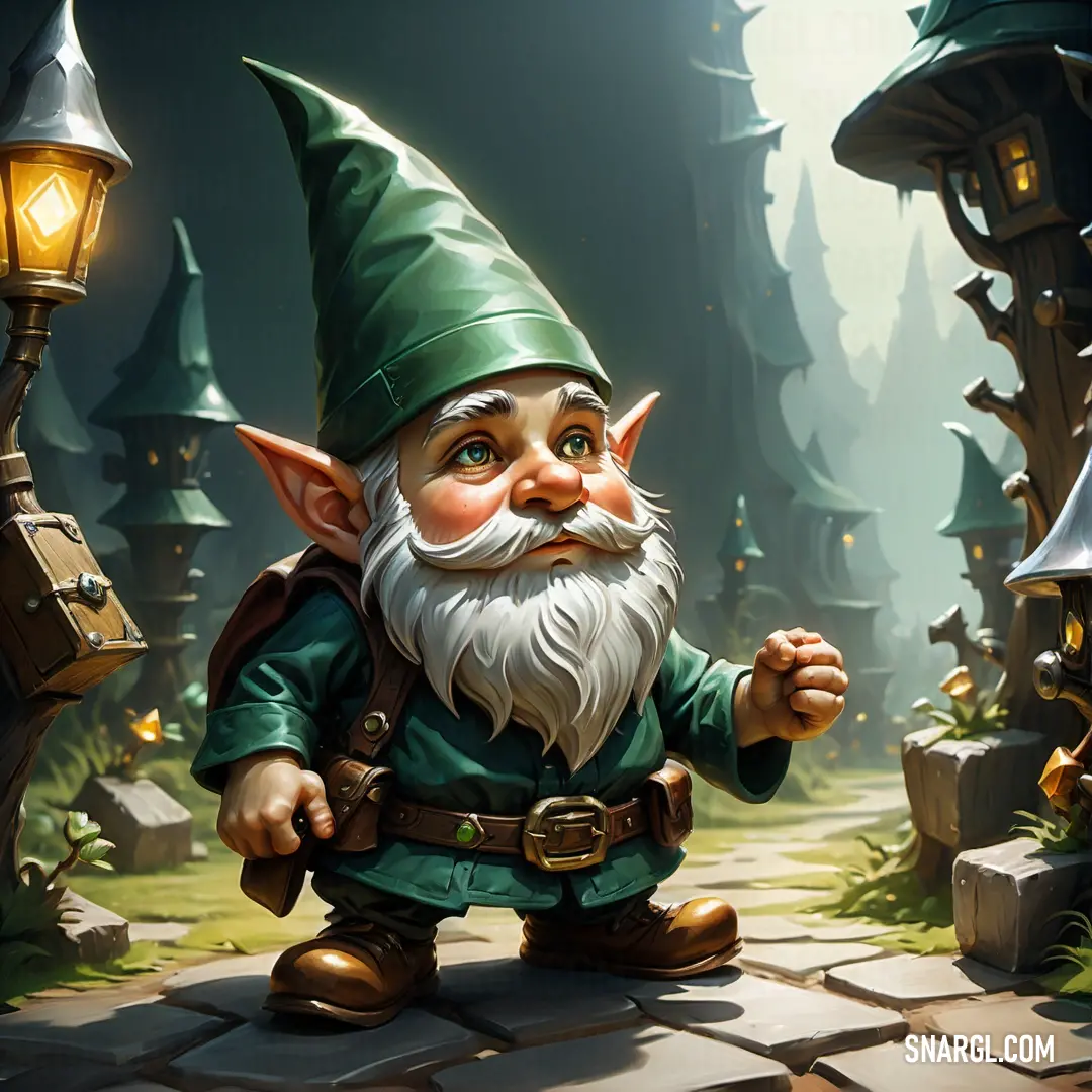 Cartoon gnome with a lantern in his hand and a light on his head in a forest setting with a path