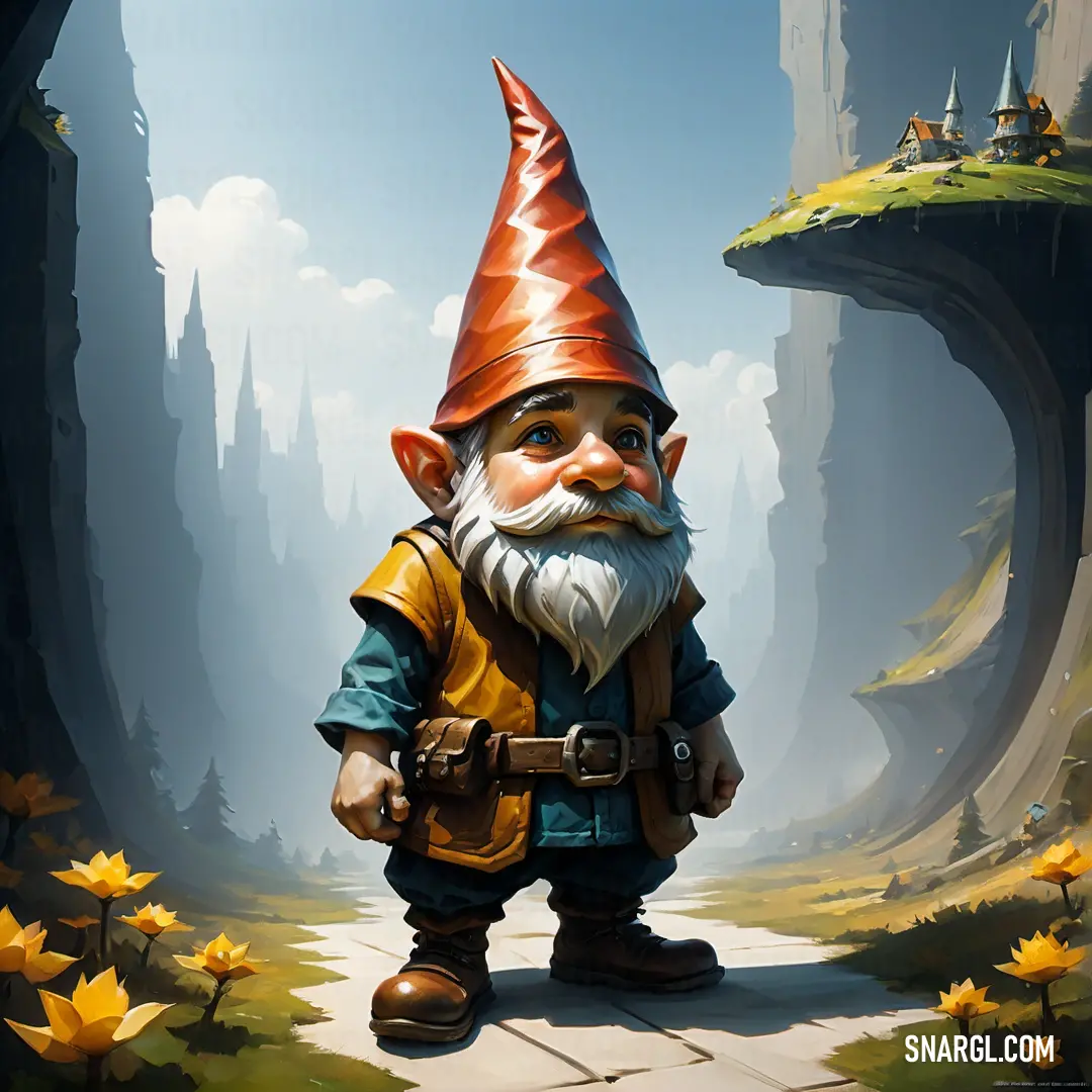 Cartoon gnome with a red hat and a yellow vest is standing in a path in a forest