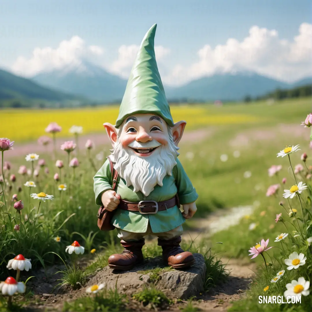 Garden gnome statue in a field of flowers and daisies with mountains in the background