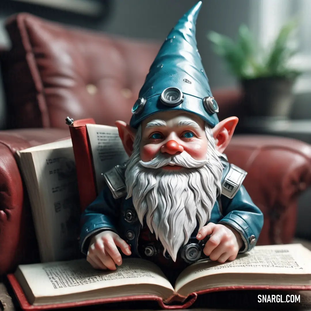 Gnome figurine on top of an open book on a table next to a chair and a potted plant