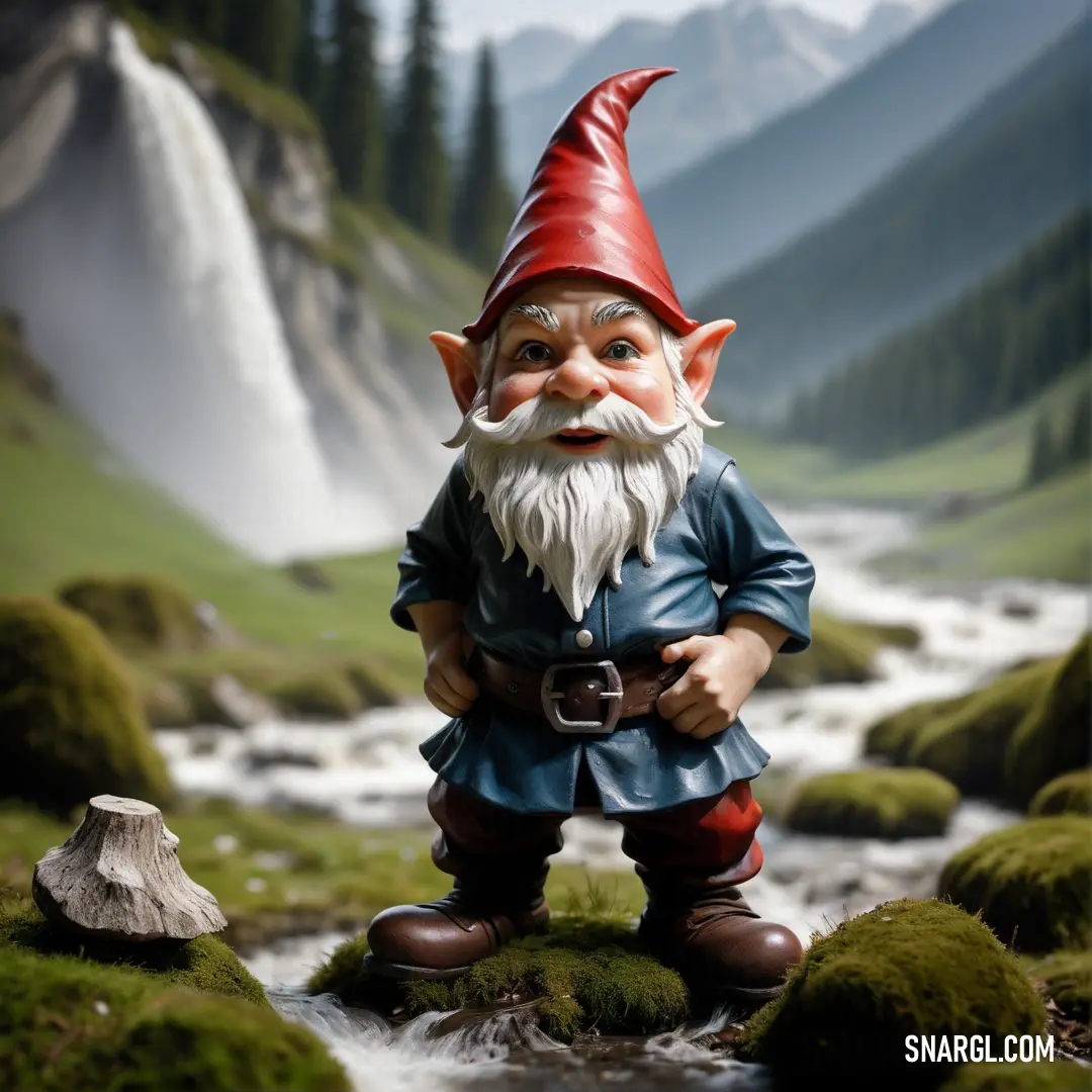 Gnome figurine standing on a mossy rock in a stream of water with a mountain in the background