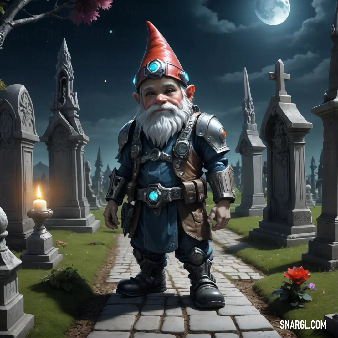 Gnome standing in a graveyard with a candle in his hand and a full moon in the background