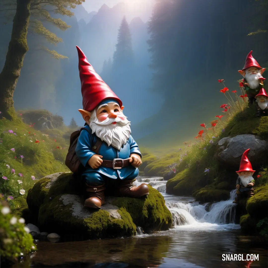 Gnome statue on a rock in a stream of water with three other gnomes in the background