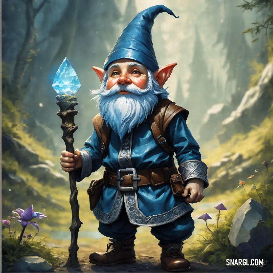 Painting of a gnome holding a crystal wand in a forest with a stream of water behind him