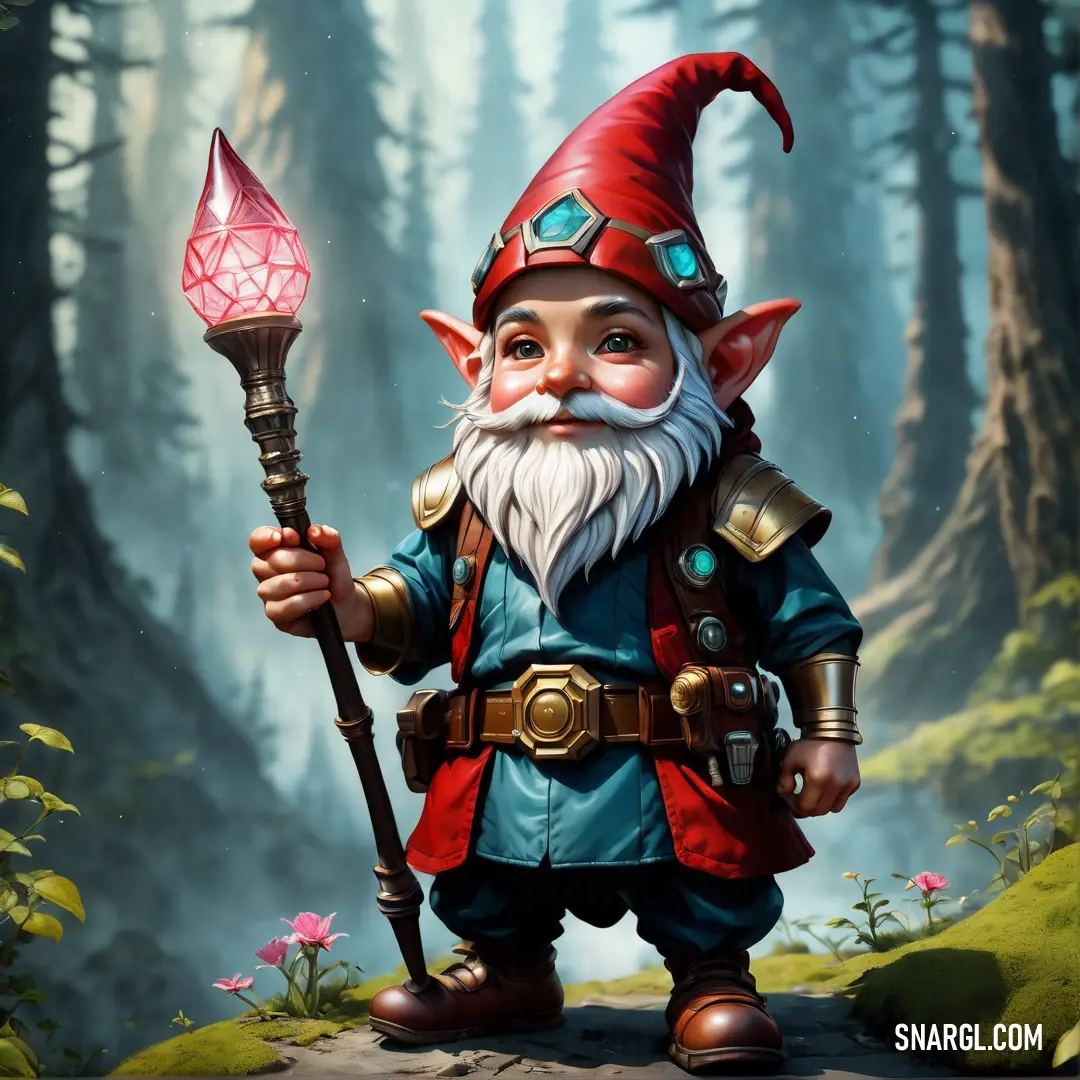 Painting of a gnome holding a light in a forest with a crystal ball in his hand and a red hat on his head