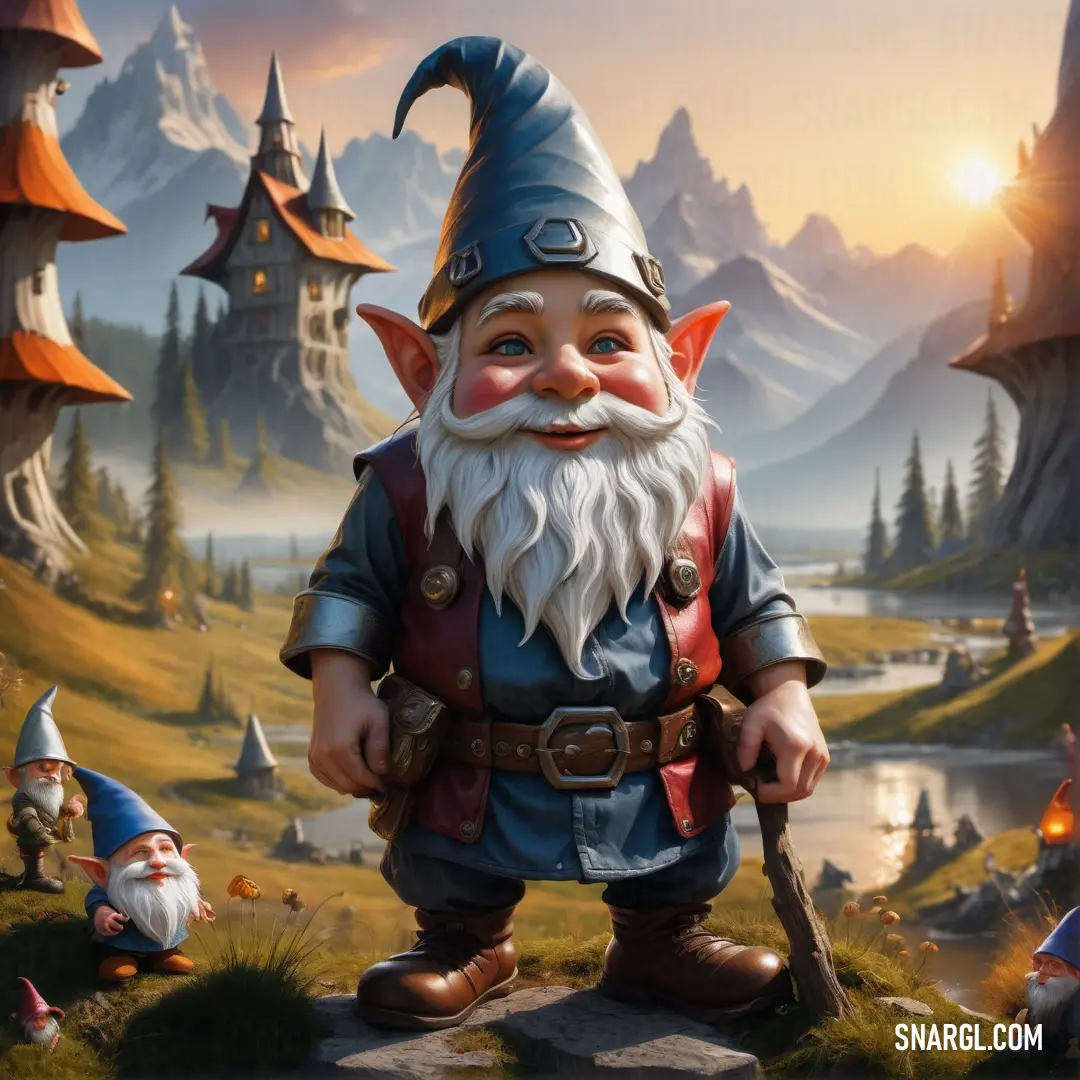 Painting of a gnome with a long beard and a red hat standing in a field with other gnomes