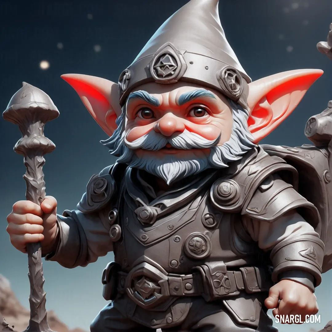 Statue of a gnome holding a stick and a hat on his head