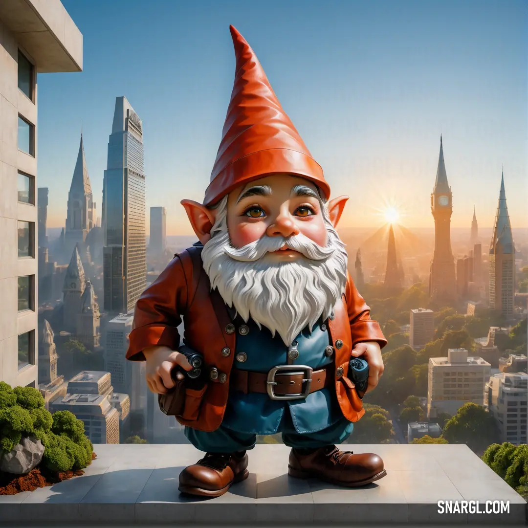 Statue of a gnome on a ledge in front of a cityscape with a sun setting behind it