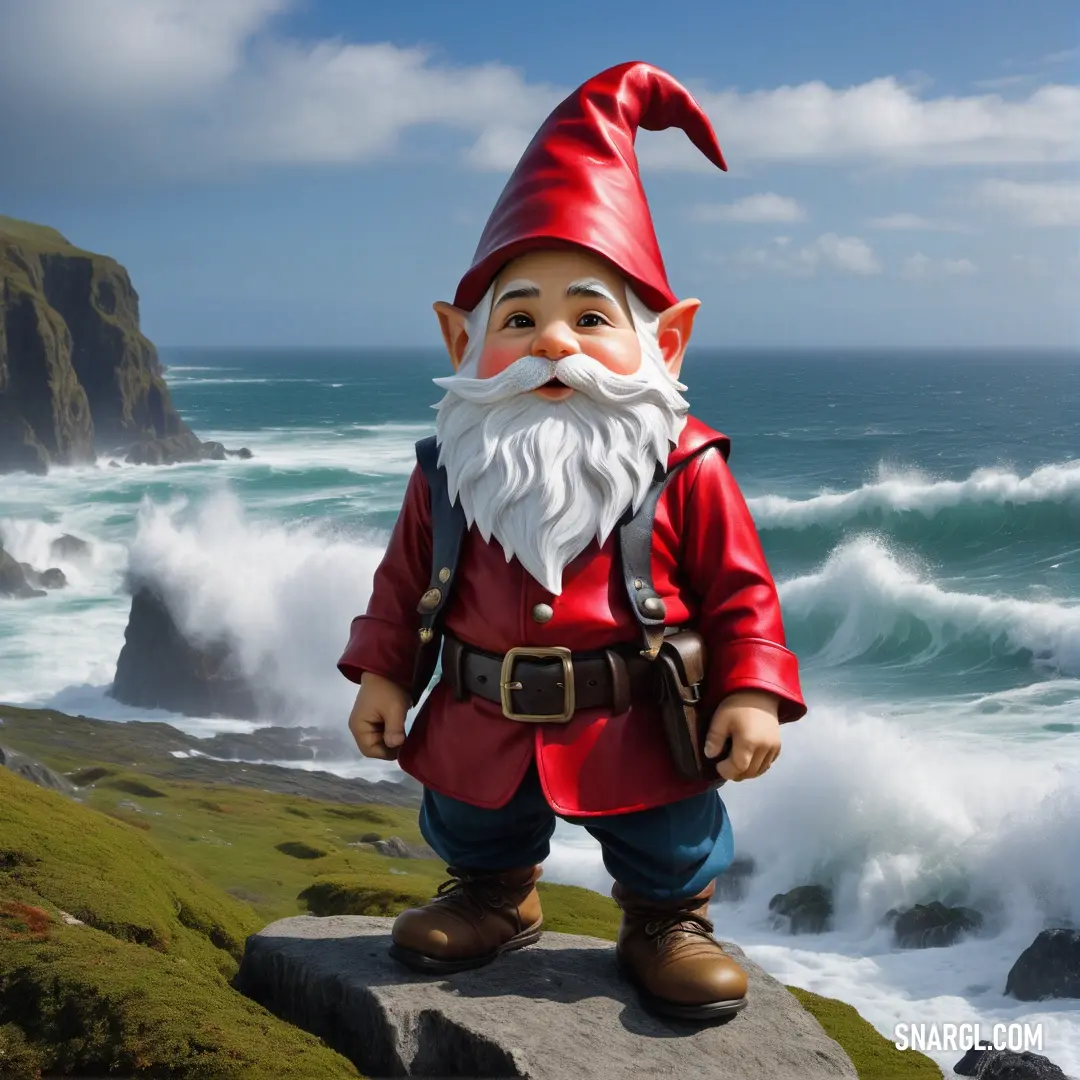Statue of a gnome standing on a rock near the ocean with waves crashing in the background and a blue sky