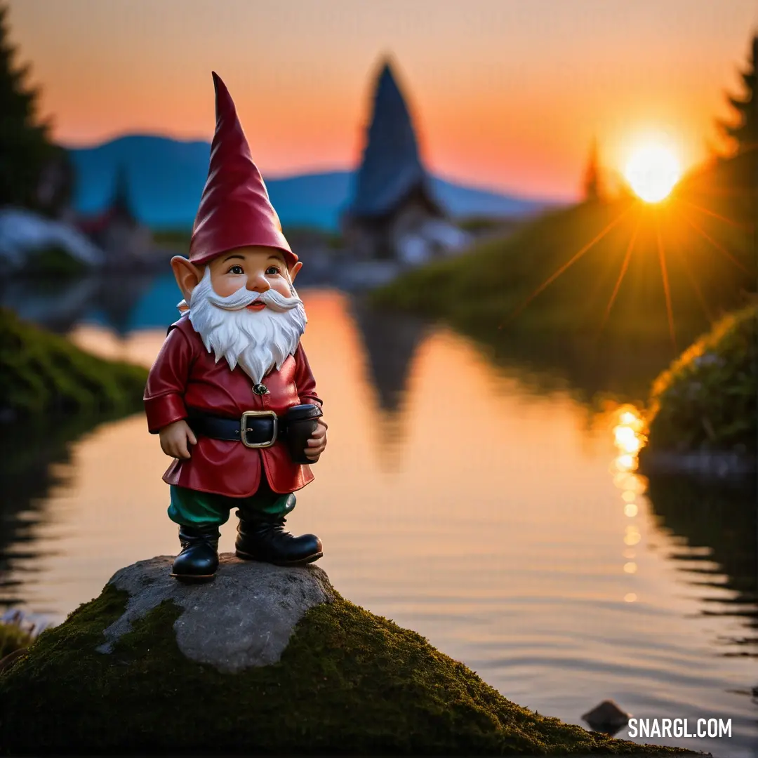 Statue of a gnome on a rock near a body of water at sunset