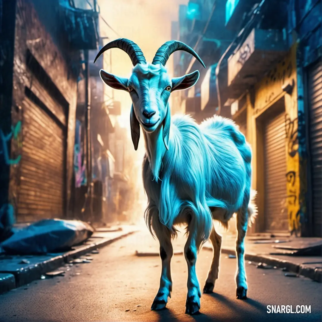 Goat standing in the middle of a street next to a building with graffiti on it's walls