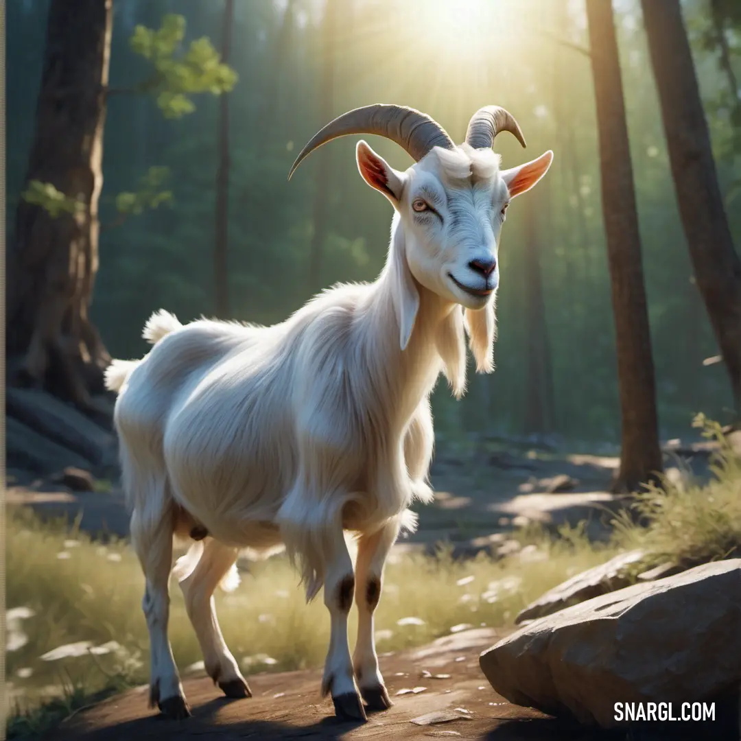 Goat standing on a dirt road in a forest with trees and rocks in the background