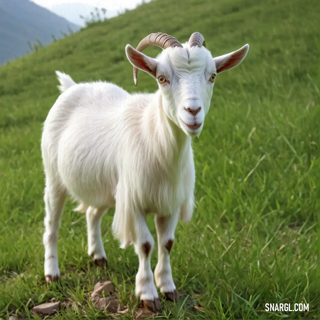 Goat standing on a lush green hillside covered in grass and rocks, with mountains in the background