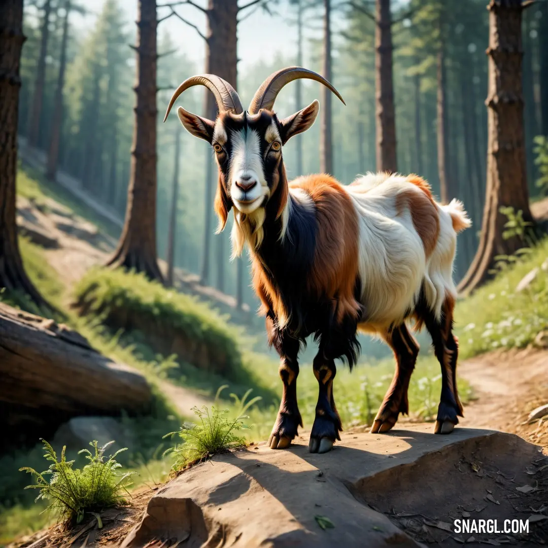 Goat standing on a rock in a forest with trees in the background