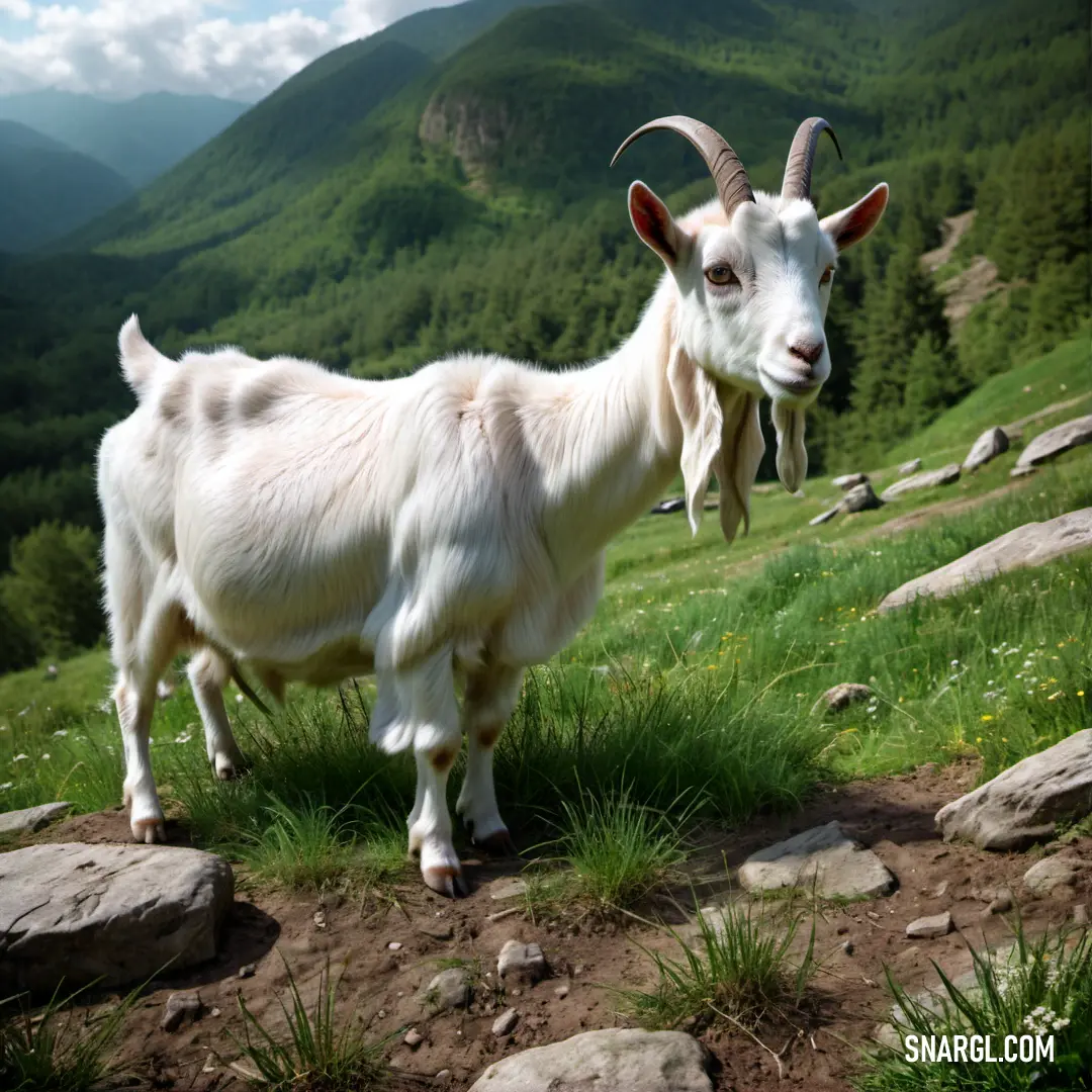 Goat standing on a rocky hillside with mountains in the background