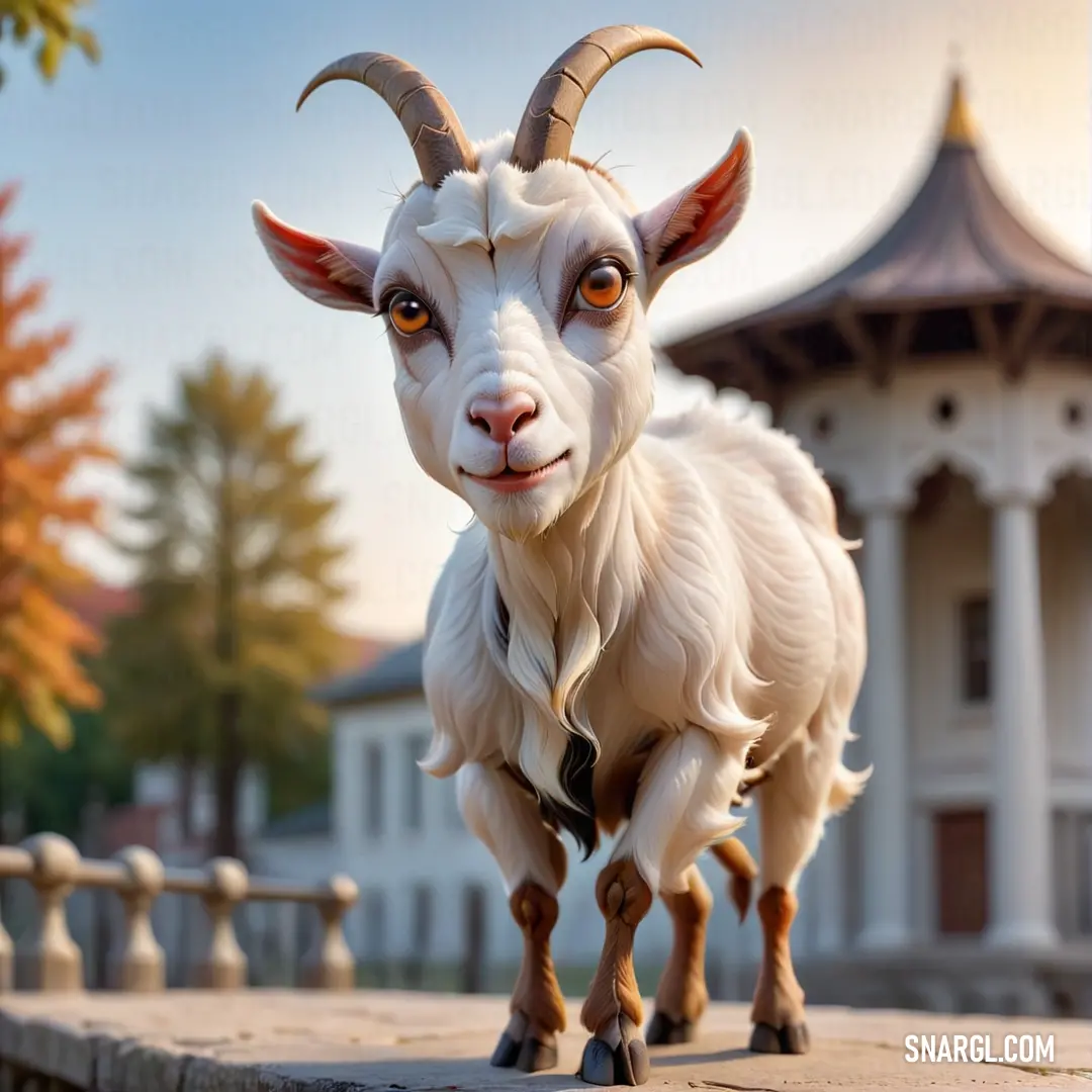 Goat with horns standing on a ledge in front of a building with a gazelle on it's face