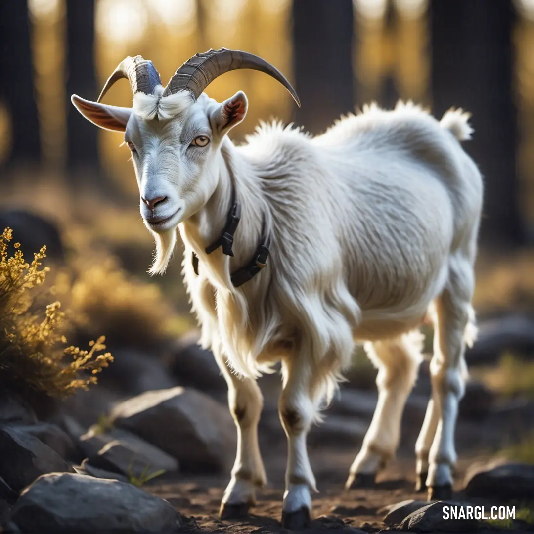 Goat with horns standing on a rocky path in the woods with trees in the background