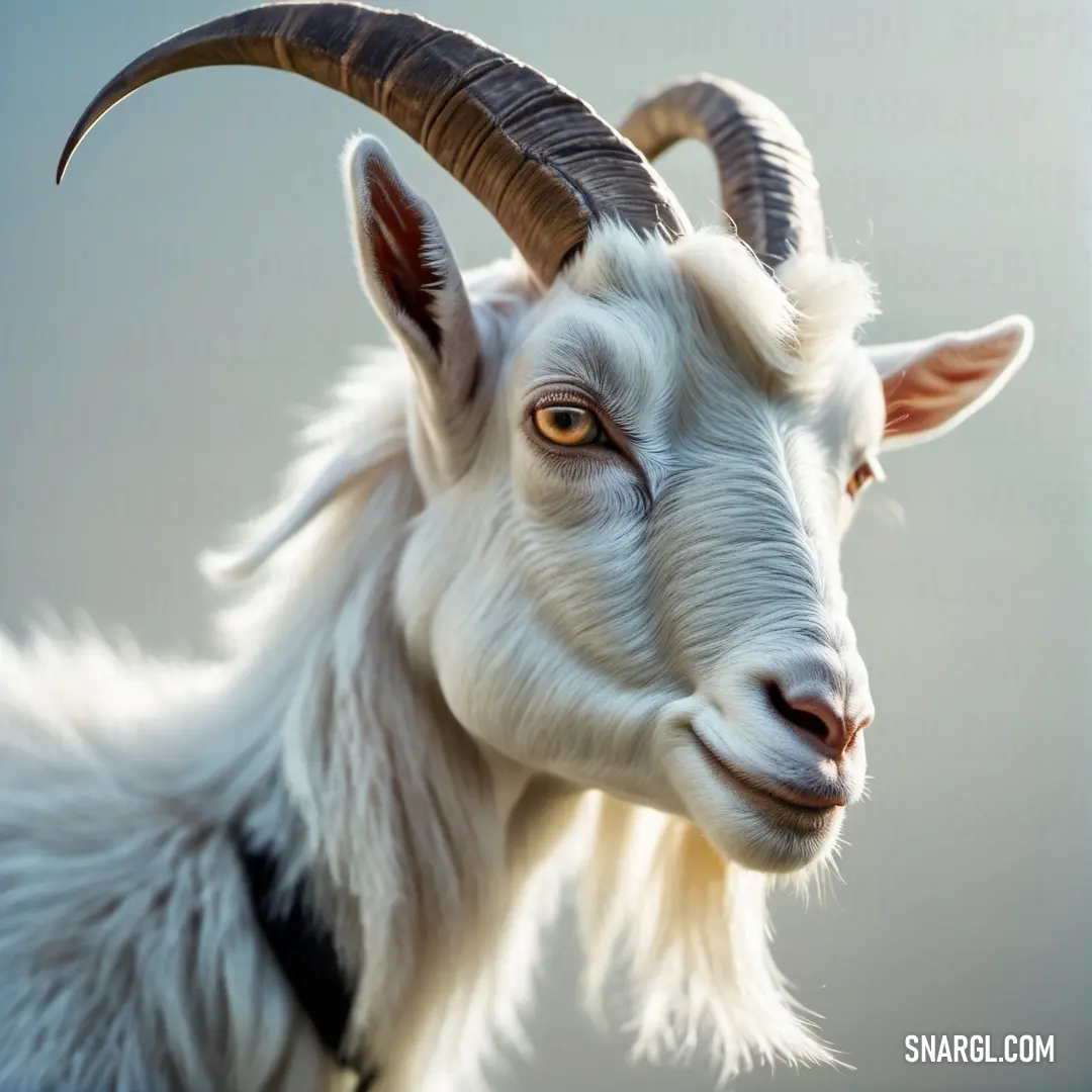 Goat with long horns and a collar on it's head looking at the camera with a blurry background