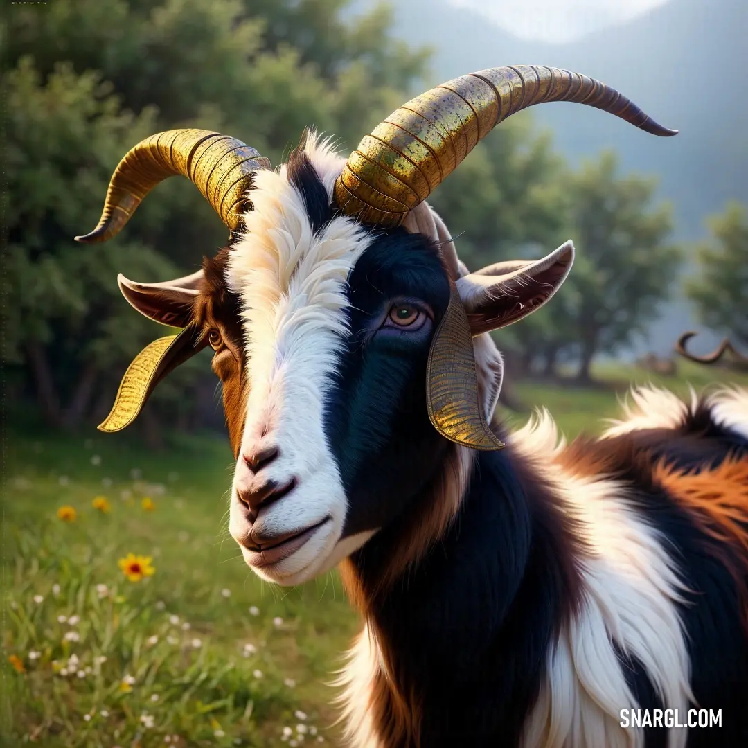 Goat with long horns standing in a field of grass and flowers with mountains in the background