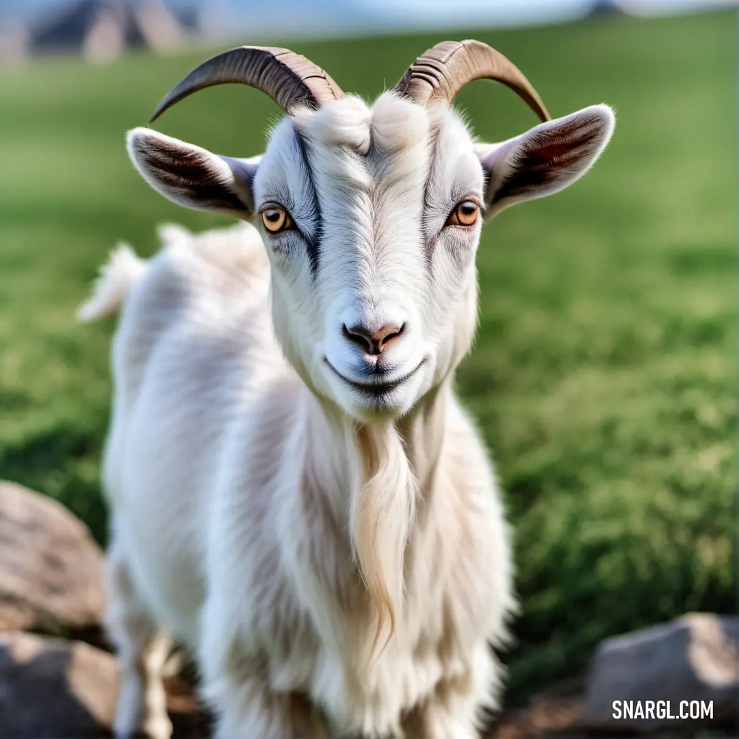 Goat with long horns standing on a lush green field of grass and rocks