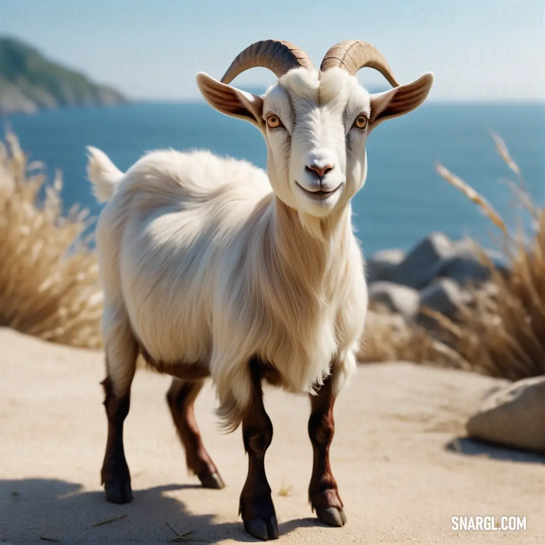 Goat with long horns standing on a beach near the ocean and grass in the foreground