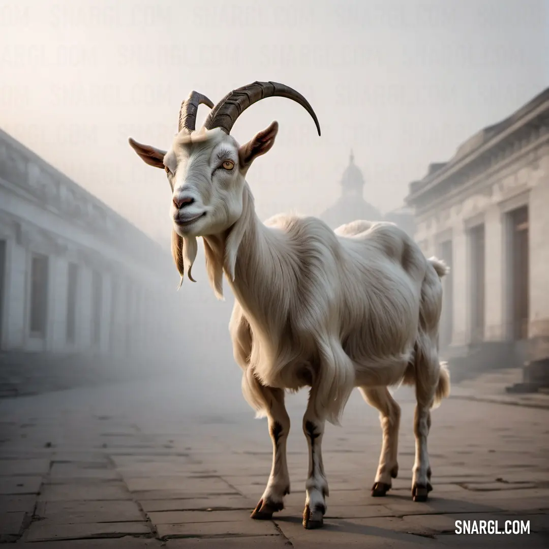 Goat with long horns standing on a sidewalk in front of a building with a clock tower in the background