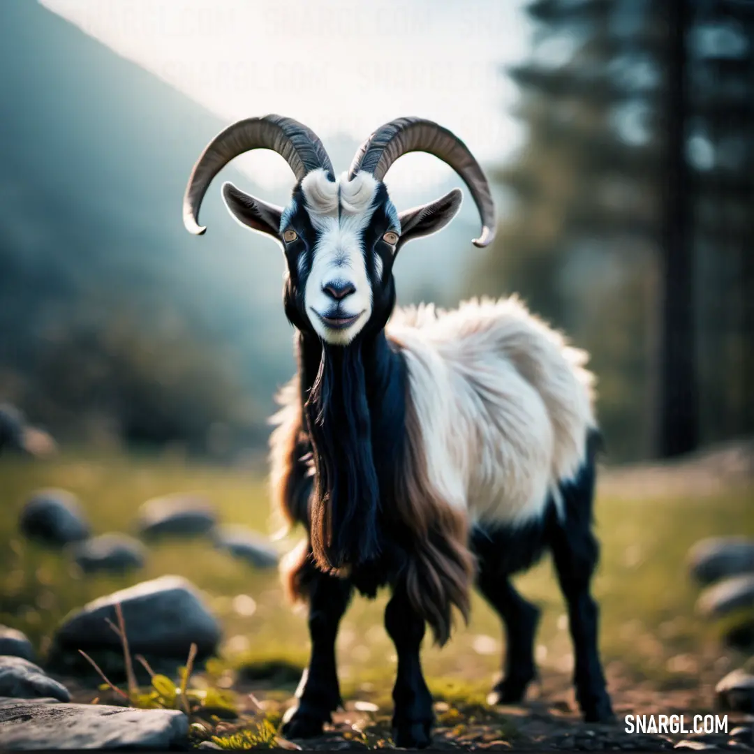 Goat with long horns standing on a rocky hillside with trees in the background