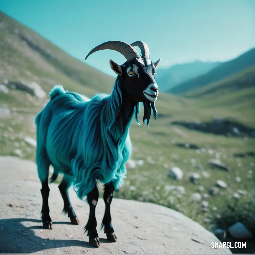 Goat with long horns standing on a rock in the mountains with grass and rocks in the background