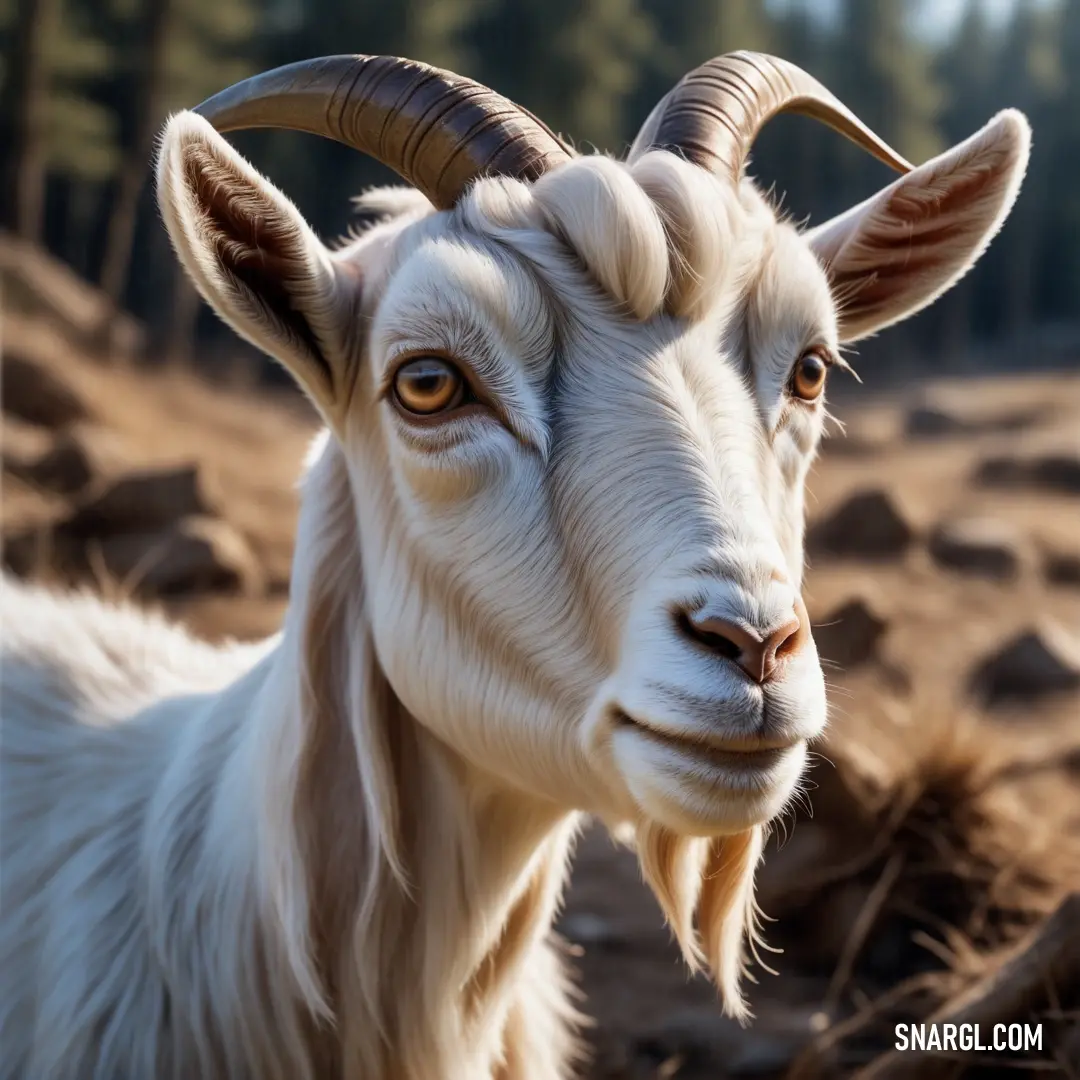 Goat with long horns standing in a field of dirt and grass with trees in the background