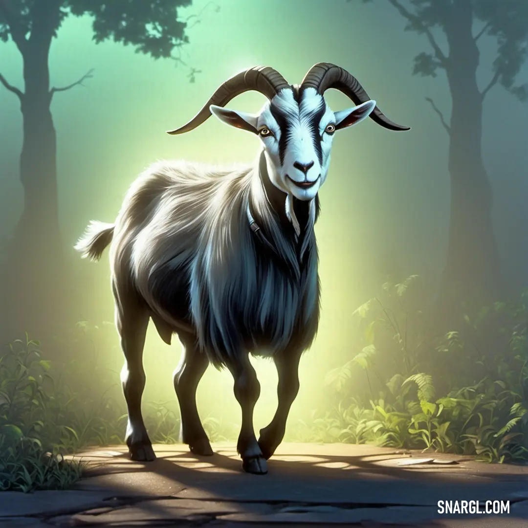 Goat with long horns walking through a forest at night with bright light coming through the trees and grass