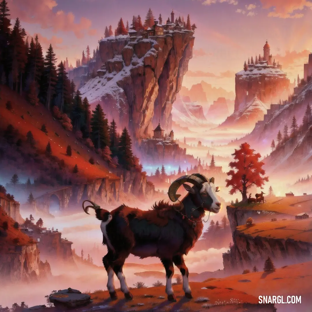 Painting of a mountain goat standing on a cliff overlooking a valley with a castle in the background